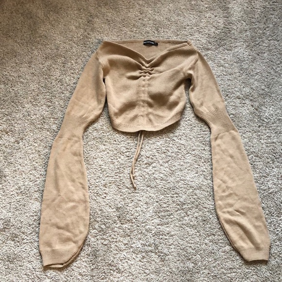 PrettyLittleThing Tops - *SOLD* PrettyLittleThing Beige Off the Shoulder Cropped Sweater